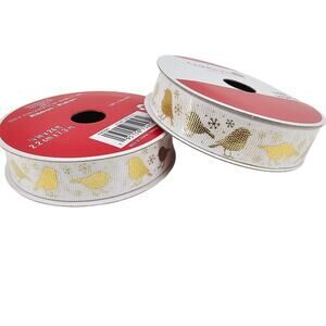 2 Rolls Celebrate It Ribbon Christmas White with Golden Dove Birds 7/8" x 24 ft